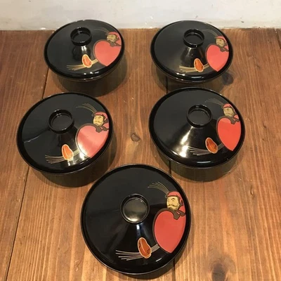 Hermoso tazón de sopa de madera de laca japonesa vintage diseño Daruma dorado Foto 1 de 4