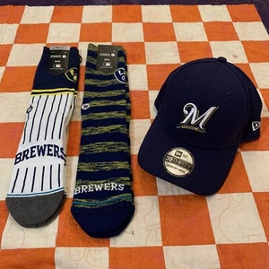 NWT New Era 39Thirty Medium-Large & TWO Stance Socks Large Milwaukee Brewers Lot - Picture 1 of 8