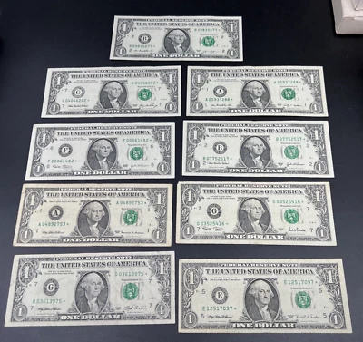 Lot of 9 Different * Star Note Federal Reserve $1 one Bills 1993 - 2013 Circ #1 - Image 1 of 4