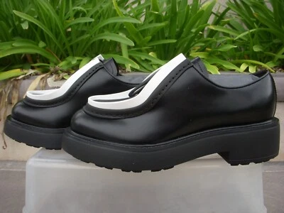 Prada Black White Brushed Leather Lace Up Oxford Bi-Color, Logo EU37  MSRP$1270 - Image 1 of 4