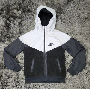Nike Jacket Womens Medium Black White Hooded Sherpa Fleece Pockets Full Zip Logo - Picture 1 of 17