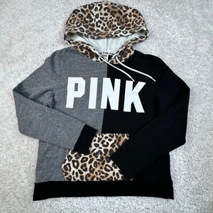 Victoria's Secret Pink Leopard Colorblock Hoodie Black Gray Womens Large Fitted - Picture 1 of 6