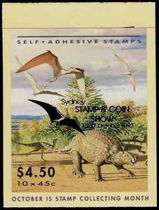 Folleto de dinosaurios de Australia 1993 con estampilla de Sydney y sobreimpresión de exhibición de monedas. MUH - Imagen 1 de 3
