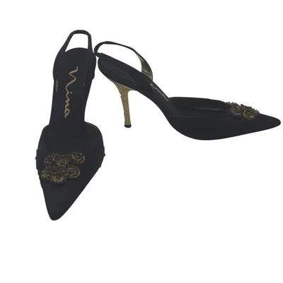 Tacones Nina negros satinados tallados dorados punta con joyas 6,5 M gala formal Foto 1 de 4