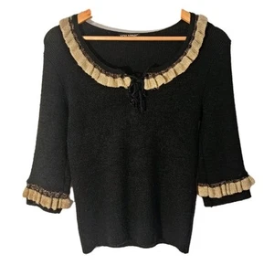 y2k solyne size S black & beige ruffle neck and sleeve detail knit top - Picture 1 of 8
