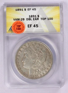 1891 $1 Morgan Silver Dollar ANACS EF 45 VAM-2B DBL EAR TOP 100 - Foto 1 di 4