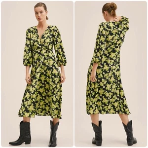 MNG Floral Puff Sleeve Wrap Midi Dress Size 4 - Picture 1 of 15
