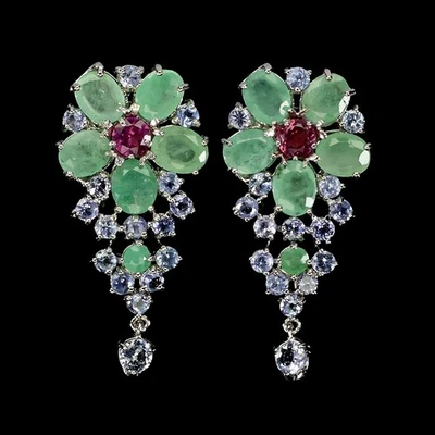 925 Sterling Silver Earrings Oval Emerald Tanzanite Tourmaline Gemstone Jewelry - Image 1 of 4