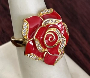 925 GP gold filled rhinestone enamel red Rose flower ring size 7.5 - Picture 1 of 10