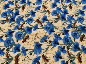 Tela de algodón de 1 yarda "azul floral con abeja" - Textiles David - NUEVO - Imagen 1 de 3