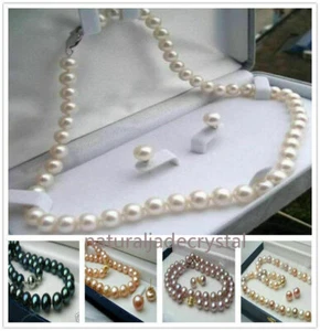 Real Natural 7-8/8-9MM Multicolor Akoya Freshwater Pearl Necklace Earrings Set - Picture 1 of 11