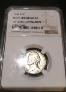 1944 P Jefferson Nickel - Mint Error - Obverse Lamination - NGC MS-66 - Picture 1 of 12