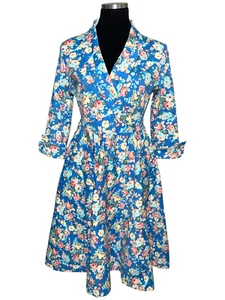 Lindy Bop Women Midi Dress Sz Small Blue Vintage Floral Pin Up Retro Stretch 50s - Picture 1 of 15