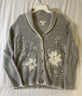 CJ Banks女式X灰色开衫全纽扣前毛衣花卉串珠 — 第 1/4 张图片