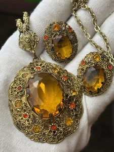 VTG Filigree West GERMANY Jewelry Set Orange Glass Pendant Necklace & Earrings - Picture 1 of 17