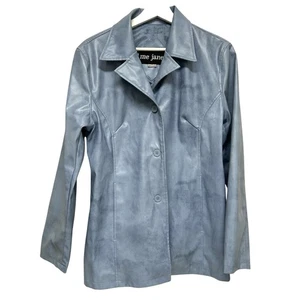 Me Jane Faux Leather Jacket Coat Womens Size M Blue Pockets Lined Casual Office - Picture 1 of 9