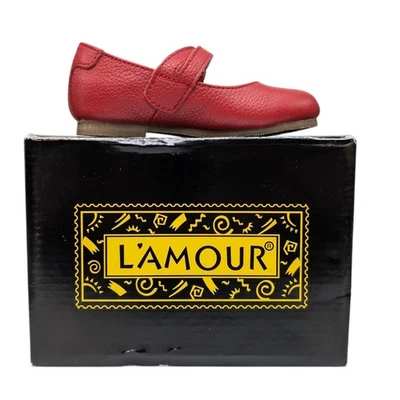 Lamour 卵石纹皮革玛丽珍鞋女孩红色双带平底鞋 6 码 — 第 1/4 张图片