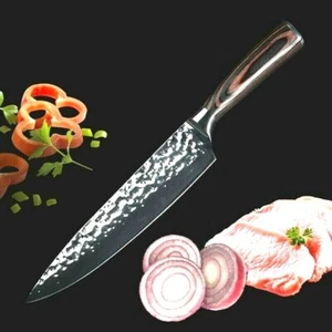 Chef Knife Forged Stainless Steel Wood Handle Hammered Gyuto Slicing Santoku Cut - Picture 1 of 12