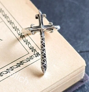 Shiny Solid 925 Sterling Silver Ornate Scrolls Long Cross Ring Size 7 Unique! - Picture 1 of 11