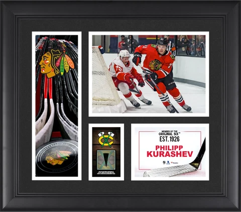 Philipp Kurashev Blackhawks FRMD 15" x 17" Collage with a Piece of GU Puck Cover