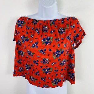 Joe Boxer Juniors Top Sz M Red Blue Floral Short Off The Shoulder T Shirt - Picture 1 of 12