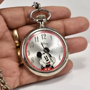 Disney Mickey Mouse Quartz Pocket Watch with Chain with New Battery Keeps Time - Picture 1 of 5