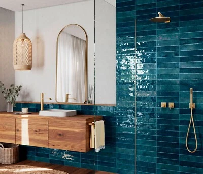 75x300 Victorian Blue Metro Tile Wavy Surface Gloss Kitchen Bathroom Wall Tile - Image 1 of 2