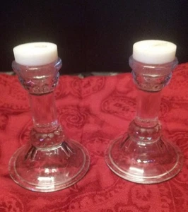 Set Of 2 Heavy Clear Glass EUC  4" H Candle Holder Made in the USA - Picture 1 of 7