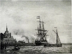 MARINE - HOLLANDE: DEUX MATS dans un PORT (de Jongkind) - Gravure du 19e siècle - Imagen 1 de 2