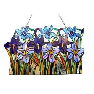 24" Stained Glass Window Panel Handcrafted Iris Floral Suncatcher - Picture 1 of 3