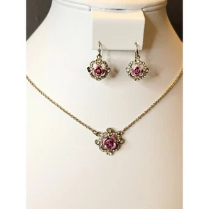 Avon Rose Gold Tone Necklace & Earrings Set With Pink Flower & Rhinestones - Picture 1 of 6