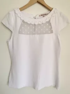 REVIEW White Short Sleeve Ribbed Knit Top Mesh Polka Dots Flower Detail SIZE 12 - Picture 1 of 6
