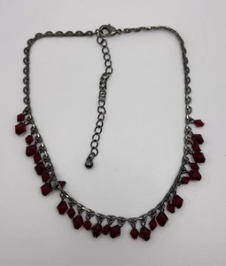 Gun Metal Gray Small Ruby Colored Beaded Costume Collar Necklace - Picture 1 of 11