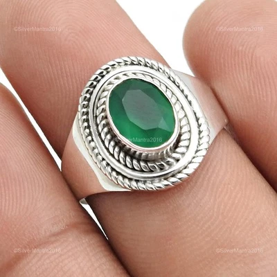 925 Argento Sterling Ovale Verde Naturale Onice Figlia Lunetta Mix Anello US 8 - Immagine 1 di 4