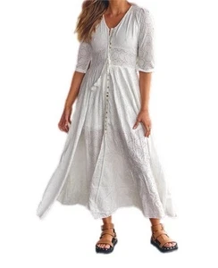 Jaase Size M white Anglaise Fit Flare Dress Maxi Embroidered Boho Shirred Waist - Picture 1 of 14