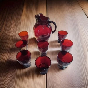 Royal Ruby Red Glass Ball Pitcher Anchor Hocking Set + 8 Glasses 1394 - Picture 1 of 8