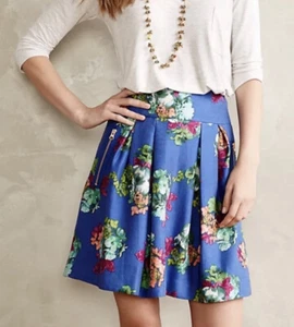 Anthropologie MAEVE Garden Days Skirt Blue Floral Exposed Zip Pleated Pink Sz 2 - Picture 1 of 10