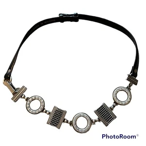 Chicos Statement Belt Sz Small Medium Metal Shapes Rhinestone Adjustable Leather - Picture 1 of 4