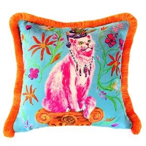 Pink Cat Pattern Throw Pillow Cover - Blue Velvet Pillow Case - Animal Printings - Picture 1 of 6