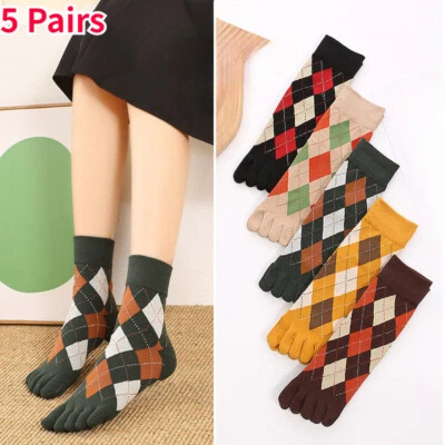 5 Pairs Women Five Finger Toe Socks Argyle Sports Running Breathable Retro - Image 1 of 4