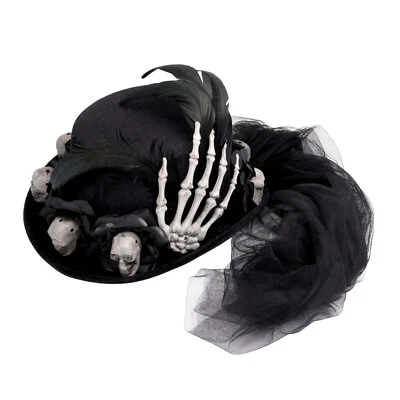 Black Halloween Skeleton Hand Skull Top Hat with Rose for Costume - Image 1 of 4