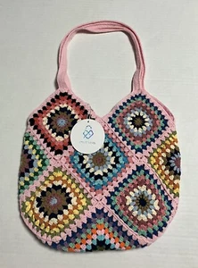 Womens Street Level Boho Crocheted Lined Handbag Granny Square Tote Multi NWT - Picture 1 of 14