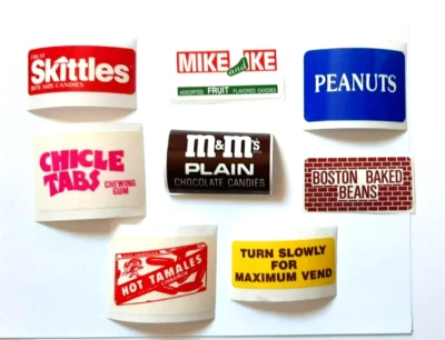 Lot 8 Vintage Vending Stickers M&M Peanuts Boston Bake Beans Hot Tamales Skittle - Image 1 of 2