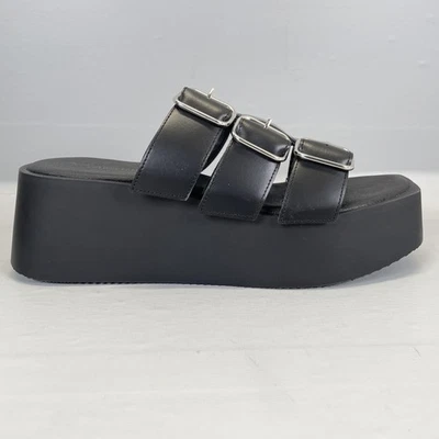 Anthropologie Platform Wedge Sandals Womens Size 39 Black Leather Buckle Shoes - Image 1 of 4
