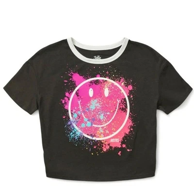 JUSTICE Boxy Split Hem Black Smily Shirt Girls Size 10 NEW - Image 1 of 4
