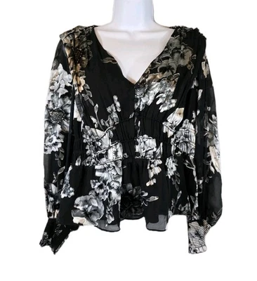 Babydoll de mezcla de seda con cuello en V floral negro mediano mercado negro de la Casa Blanca Foto 1 de 4