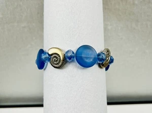 Stretch Bracelet Blue Beads w/ Shell Charms - Picture 1 of 4