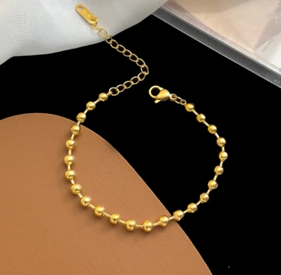 18K Gold Balls Beads Link Chain Stainless Steel Bracelet 6-8" PE13 - Image 1 of 3