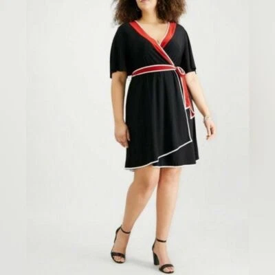 Vestido midi envolvente sintético manga acampanada NY Collection negro rojo petite talla grande 2XP Foto 1 de 4
