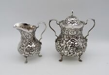 Sterling Silver  Antique Floral Repousse Footed  Sugar Bowl & Creamer by  Durgin